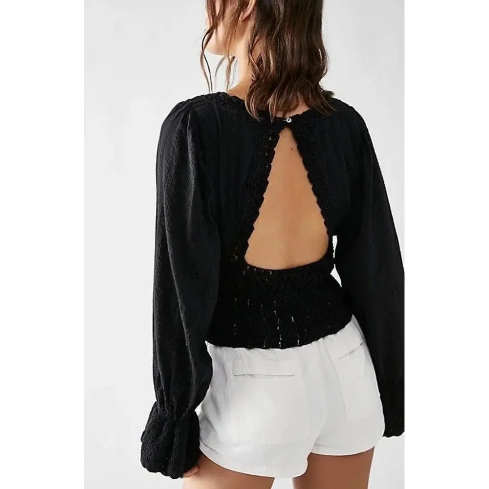 Free People Black Crochet Knit Long Sleeve‎ Open Back Tie Crop Top Women's M
